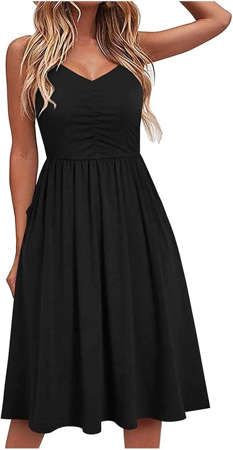 Summer Dress for Women Ruched Flowy Sundress Casual Floral Beach Dresses Flattering A-Line Spaghetti Strap Midi Dress