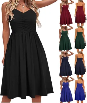 Summer Dress for Women Ruched Flowy Sundress Casual Floral Beach Dresses Flattering A-Line Spaghetti Strap Midi Dress