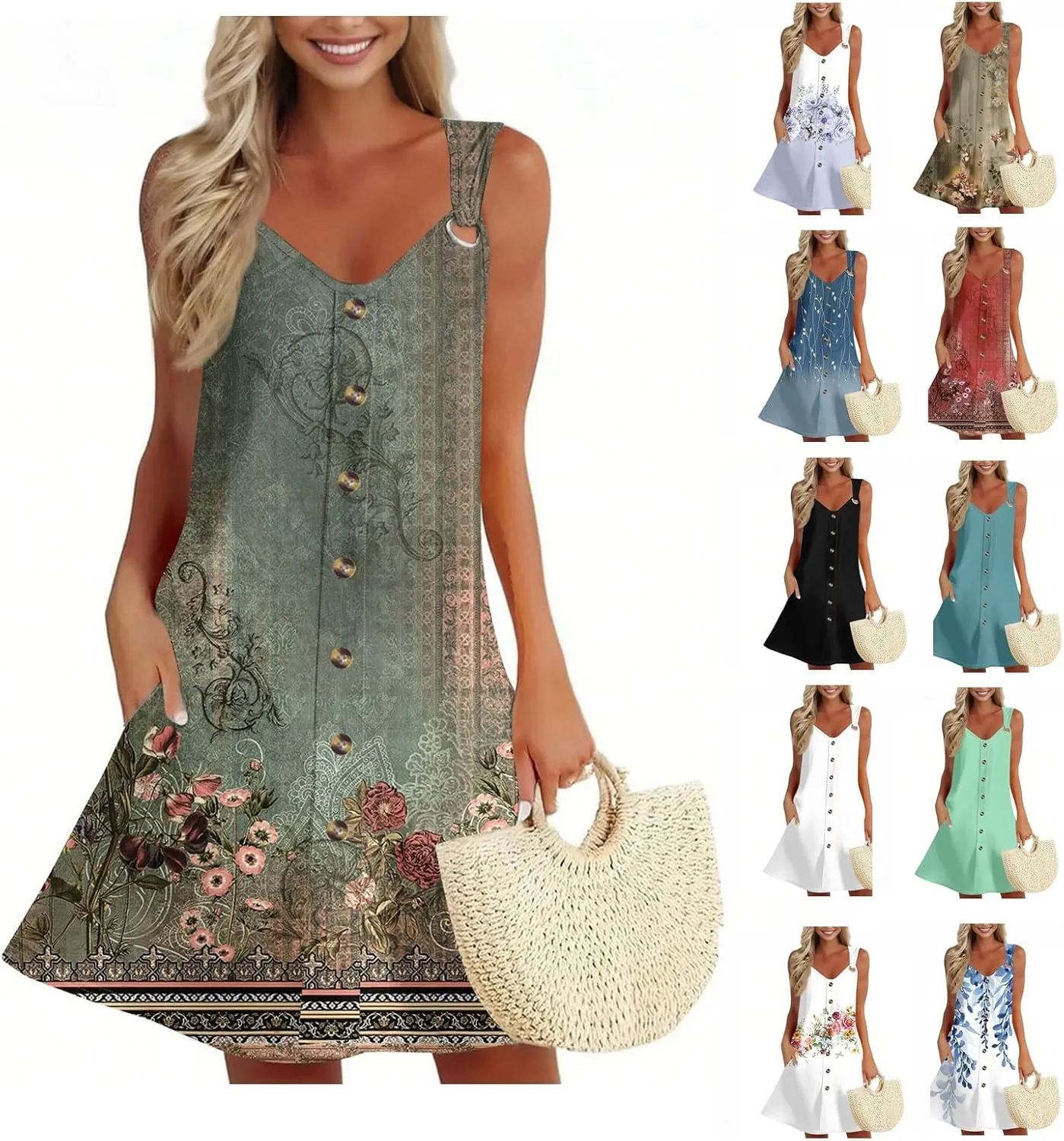 Summer Dress Sleeveless Floral Mini with Pockets Bohemian 2025 New Solid Color Cover Ups Casual Loose Sun Dresses