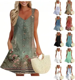 Summer Dress Sleeveless Floral Mini with Pockets Bohemian 2025 New Solid Color Cover Ups Casual Loose Sun Dresses