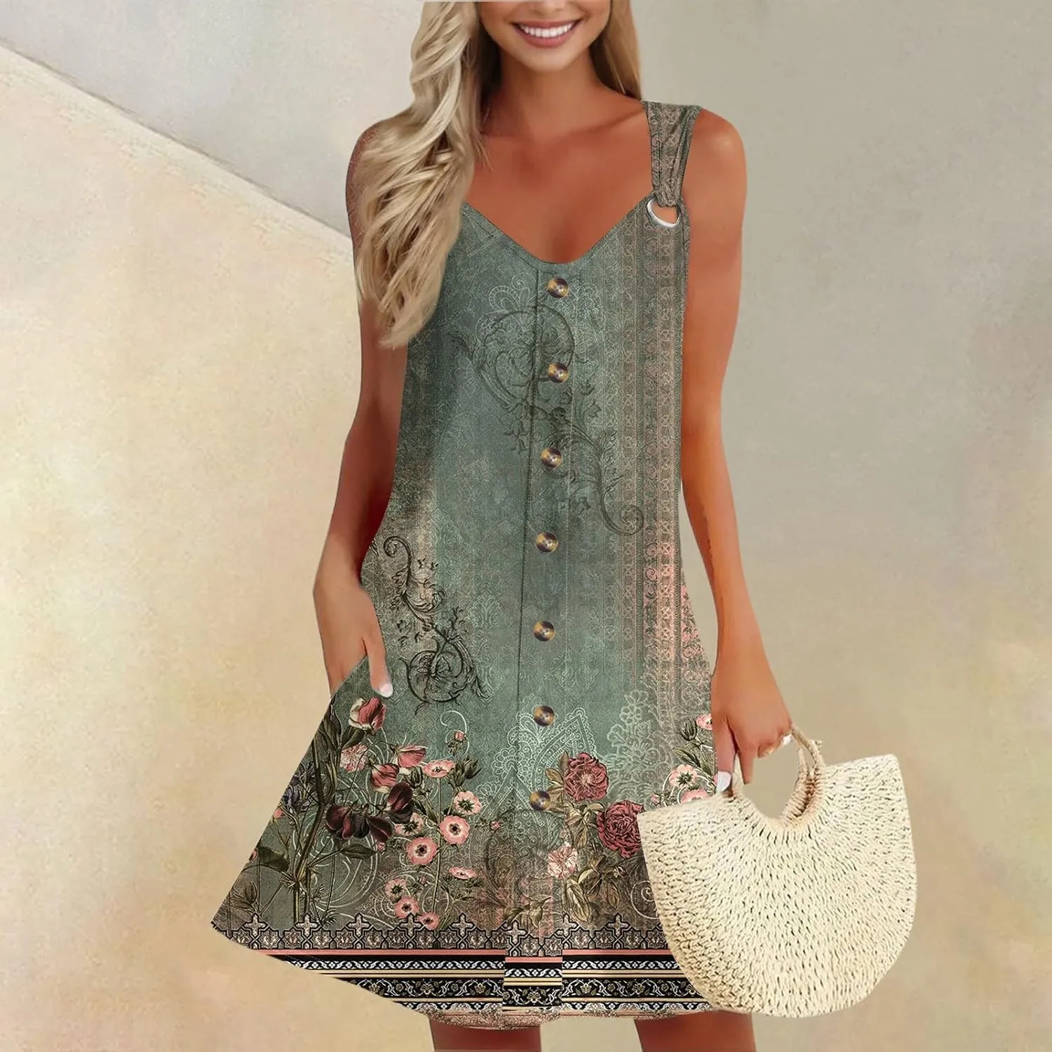 Summer Dress Sleeveless Floral Mini with Pockets Bohemian 2025 New Solid Color Cover Ups Casual Loose Sun Dresses