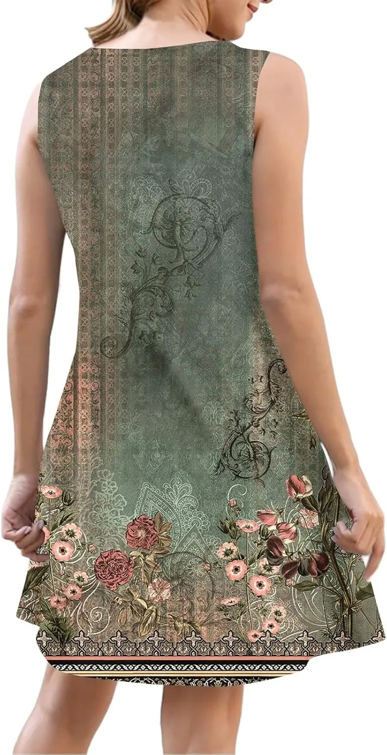 Summer Dress Sleeveless Floral Mini with Pockets Bohemian 2025 New Solid Color Cover Ups Casual Loose Sun Dresses