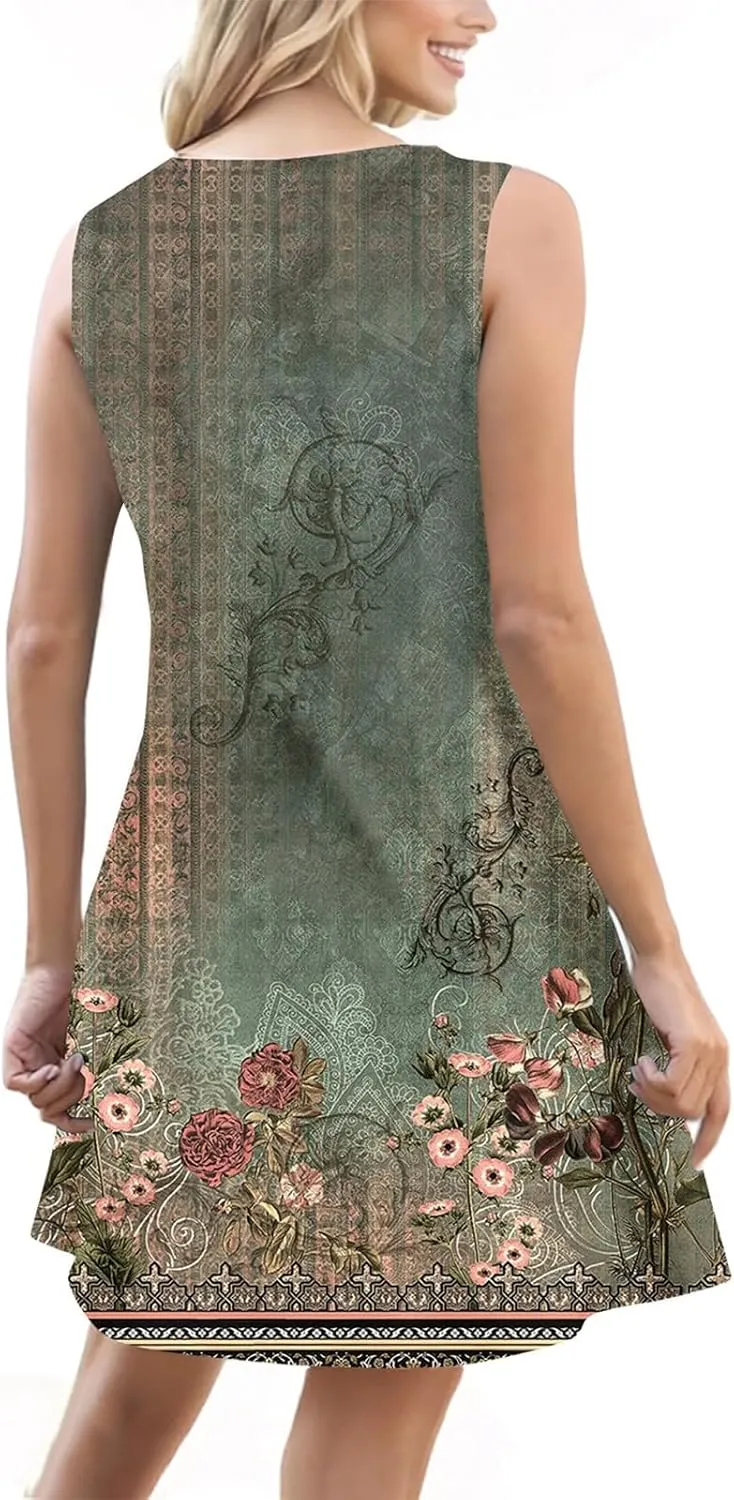 Summer Dress Sleeveless Floral Mini with Pockets Bohemian 2025 New Solid Color Cover Ups Casual Loose Sun Dresses