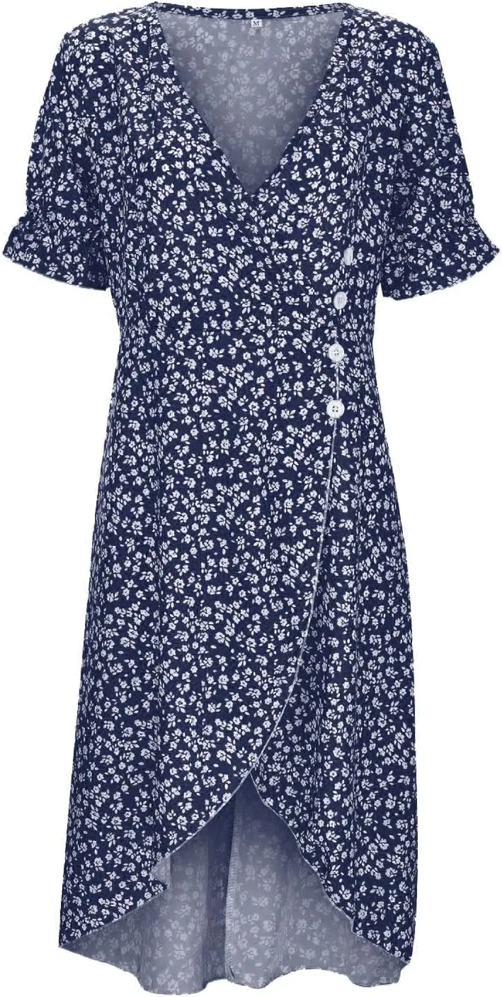 Summer Dresses for Women 2024 Short Sleeve V Neck Wrap Dress Casual Midi Sundresses Sleeve Ruffle Dress Casual Mini Dresses
