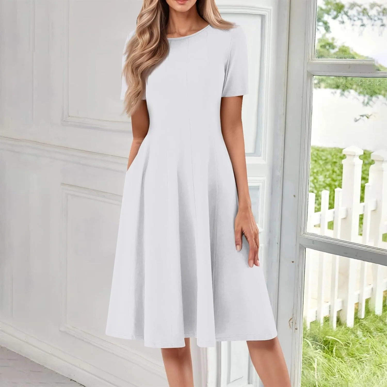 Summer Dresses for Women 2025 Beach Vacation Spring Clothes Short Sleeve Round Neck Fashion Midi Dress