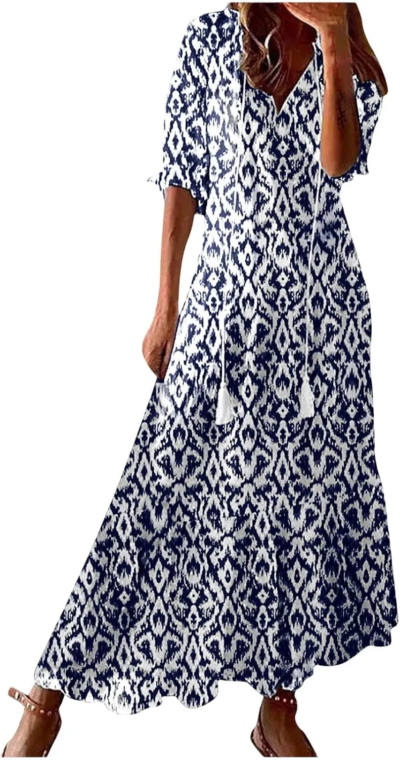 Summer Dresses for Women 2025 Floral Half Sleeve V Neck Maxi Dress Flowy Boho Beach Dresses Vacation Long Casual Dress