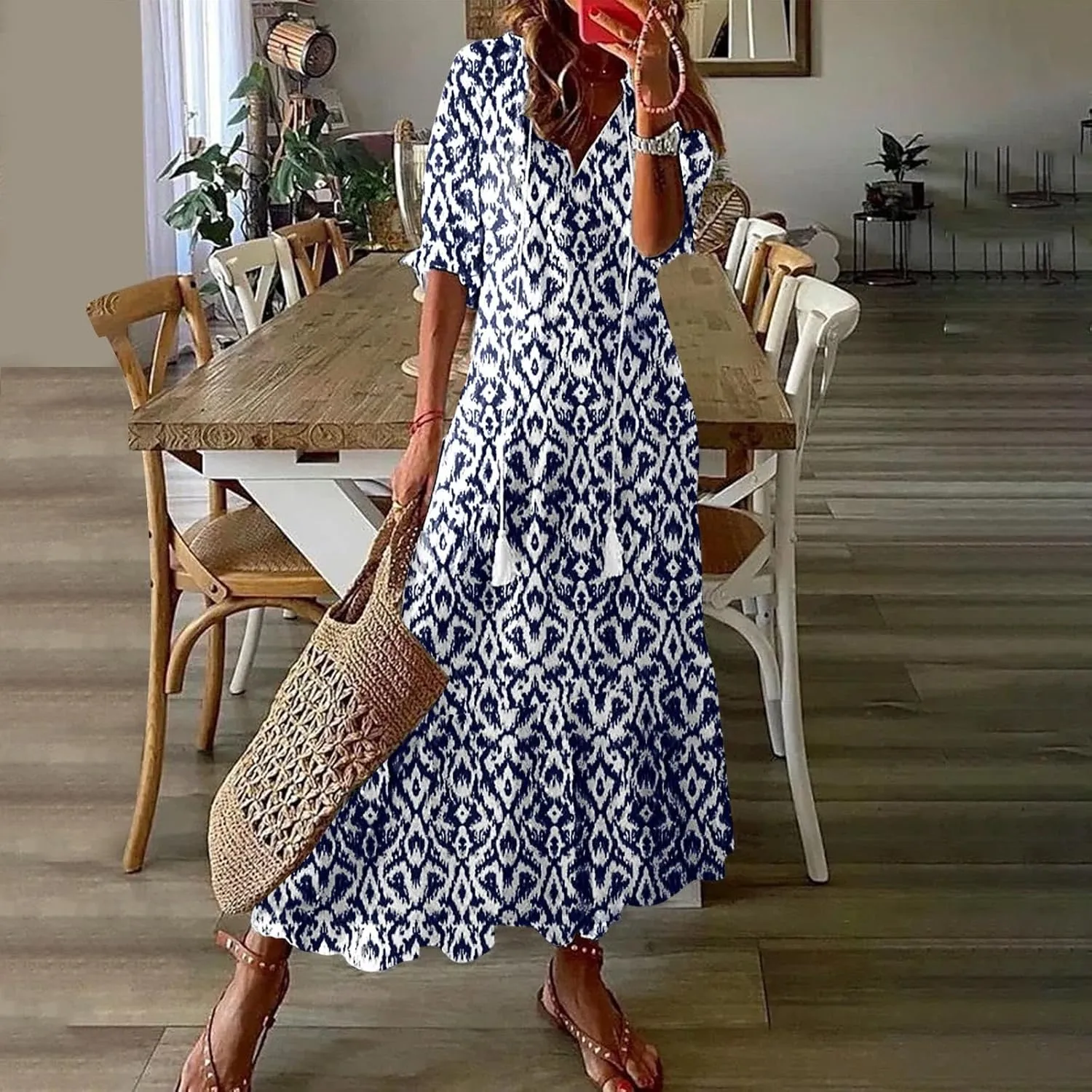 Summer Dresses for Women 2025 Floral Half Sleeve V Neck Maxi Dress Flowy Boho Beach Dresses Vacation Long Casual Dress