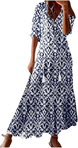 Summer Dresses for Women 2025 Floral Half Sleeve V Neck Maxi Dress Flowy Boho Beach Dresses Vacation Long Casual Dress