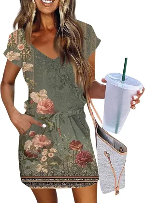 Summer Dresses for Women 2025 Sundress Short Sleeve V Neck Beach Vacation A-Line Double Layer Hem Mini Dresses