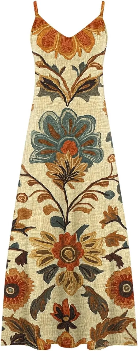 Summer Dresses for Women 2025 Vacation Casual V Neck Maxi Dress Trendy A-Line Flowy Beach Spaghetti Strap Sundress