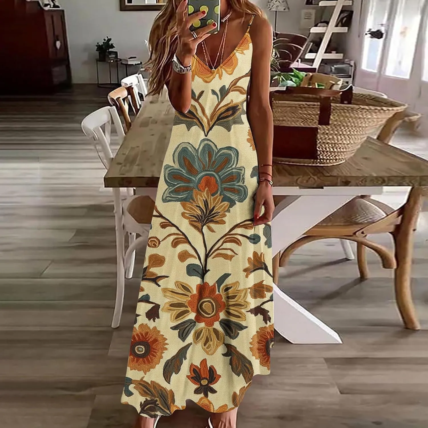 Summer Dresses for Women 2025 Vacation Casual V Neck Maxi Dress Trendy A-Line Flowy Beach Spaghetti Strap Sundress