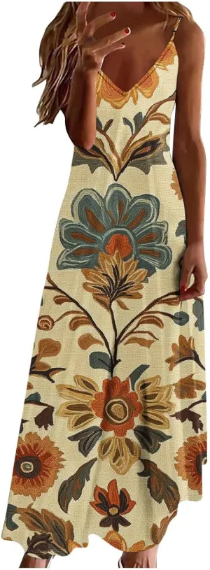 Summer Dresses for Women 2025 Vacation Casual V Neck Maxi Dress Trendy A-Line Flowy Beach Spaghetti Strap Sundress