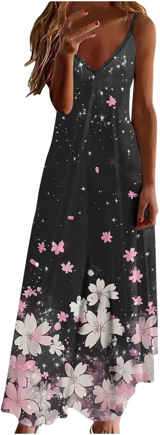 Summer Dresses for Women 2025 Vacation Casual V Neck Maxi Dress Trendy A-Line Flowy Beach Spaghetti Strap Sundress