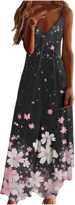 Summer Dresses for Women 2025 Vacation Casual V Neck Maxi Dress Trendy A-Line Flowy Beach Spaghetti Strap Sundress