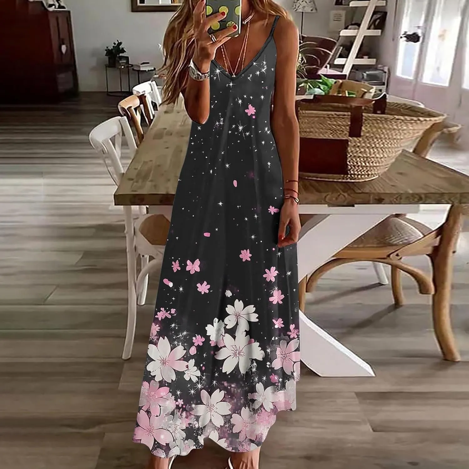 Summer Dresses for Women 2025 Vacation Casual V Neck Maxi Dress Trendy A-Line Flowy Beach Spaghetti Strap Sundress