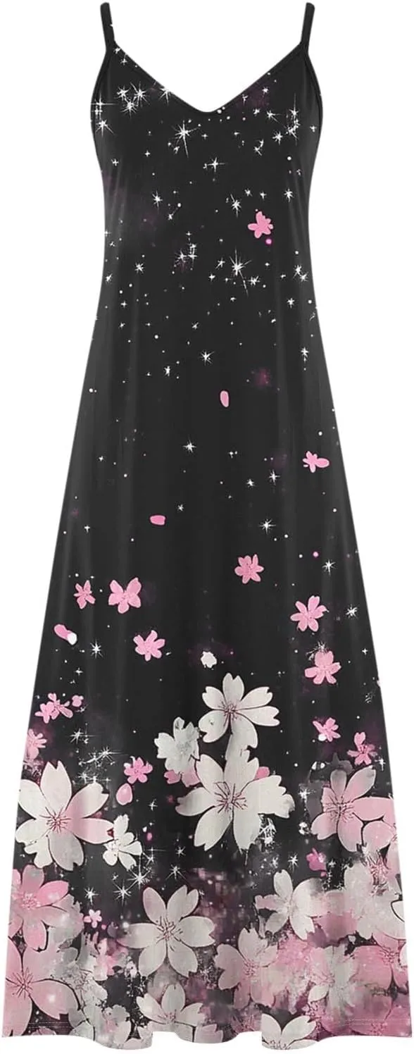 Summer Dresses for Women 2025 Vacation Casual V Neck Maxi Dress Trendy A-Line Flowy Beach Spaghetti Strap Sundress