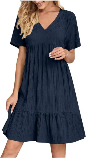 Summer Dresses for Women 2025 Vacation,Short Sleeve V Neck Mini T Shirt Dress Pleated Ruffle Flowy Beach Sundresses