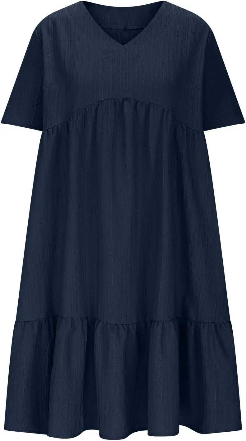 Summer Dresses for Women 2025 Vacation,Short Sleeve V Neck Mini T Shirt Dress Pleated Ruffle Flowy Beach Sundresses
