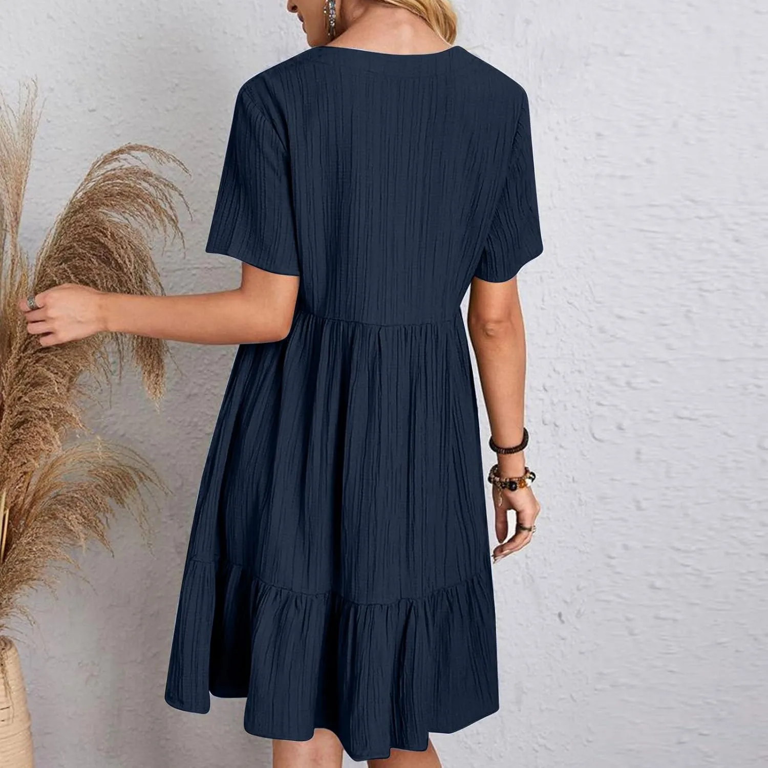 Summer Dresses for Women 2025 Vacation,Short Sleeve V Neck Mini T Shirt Dress Pleated Ruffle Flowy Beach Sundresses