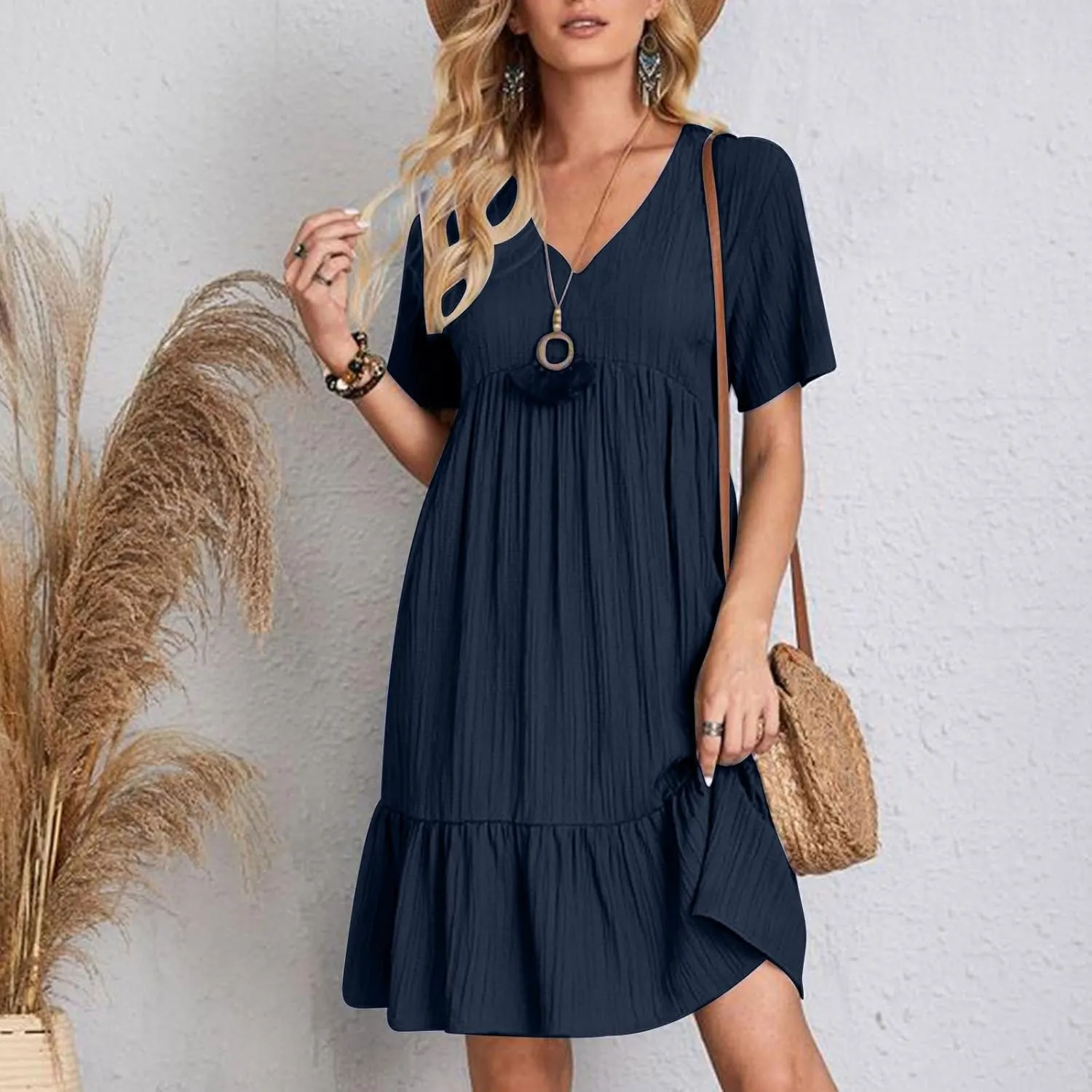 Summer Dresses for Women 2025 Vacation,Short Sleeve V Neck Mini T Shirt Dress Pleated Ruffle Flowy Beach Sundresses