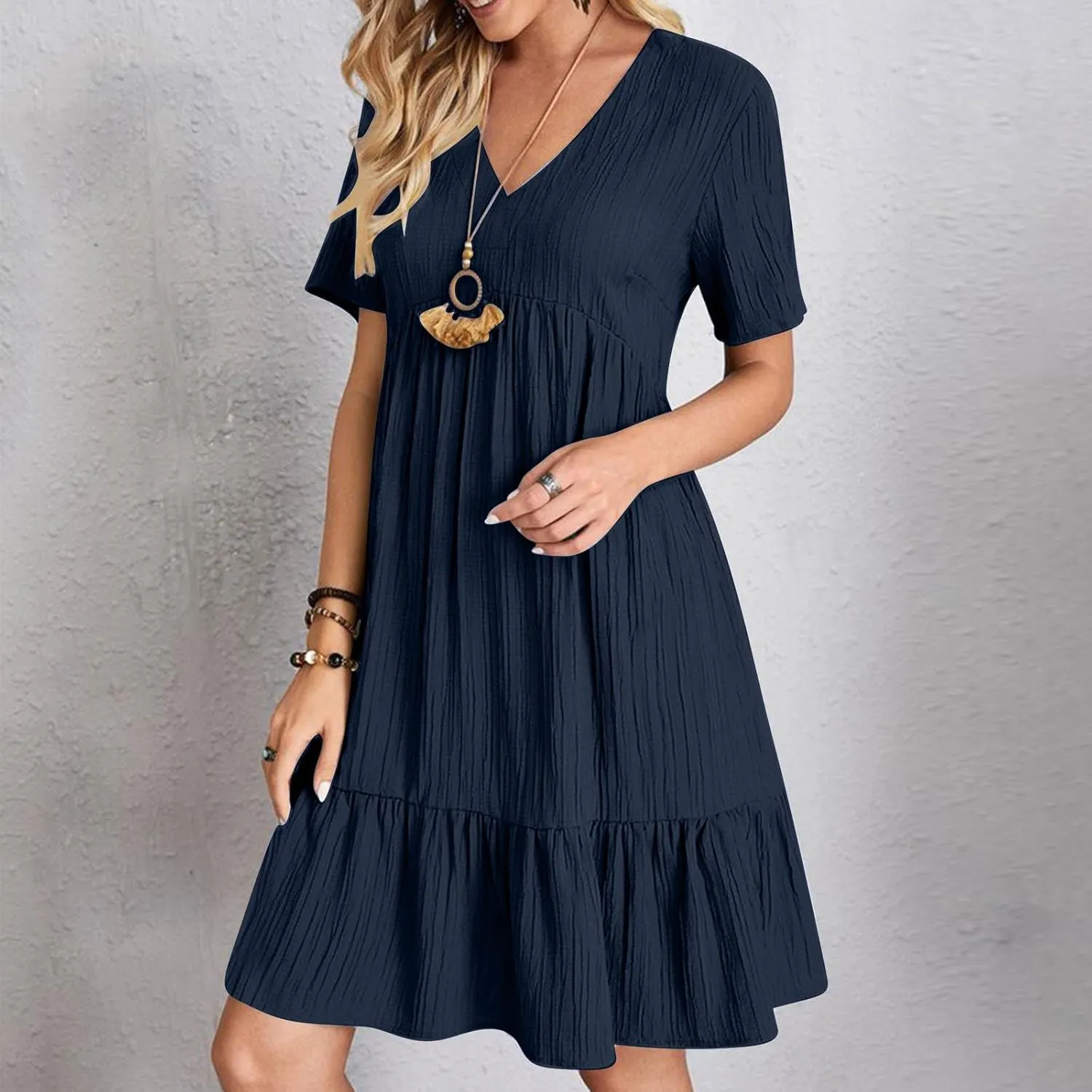 Summer Dresses for Women 2025 Vacation,Short Sleeve V Neck Mini T Shirt Dress Pleated Ruffle Flowy Beach Sundresses