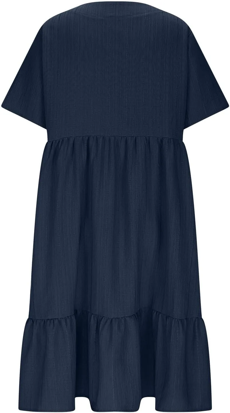 Summer Dresses for Women 2025 Vacation,Short Sleeve V Neck Mini T Shirt Dress Pleated Ruffle Flowy Beach Sundresses