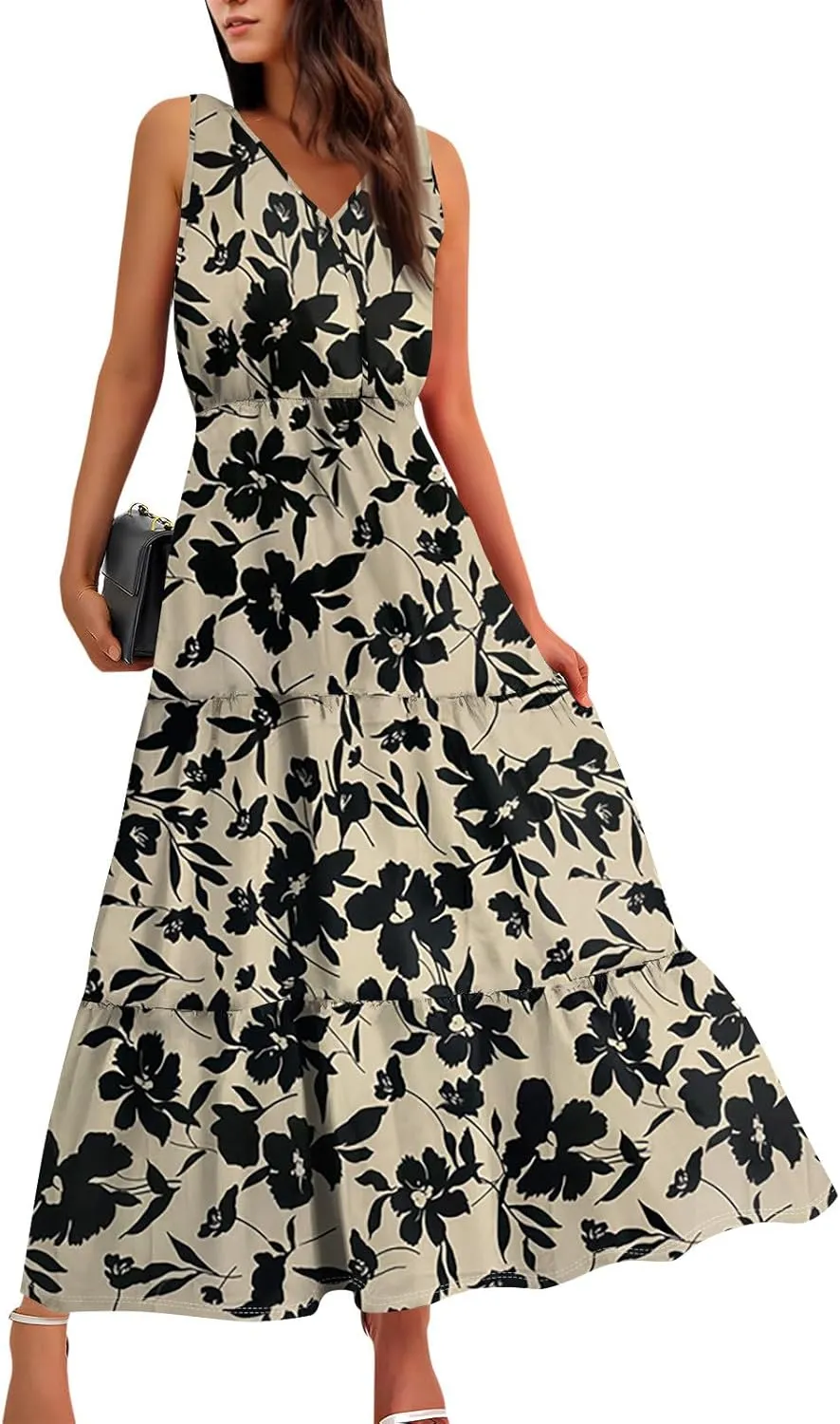 Summer Maxi Dresses for Women 2025 Casual V Neck Sleeveless Floral Long Dress Smocked Beach Wedding Guest Flowy Dresses