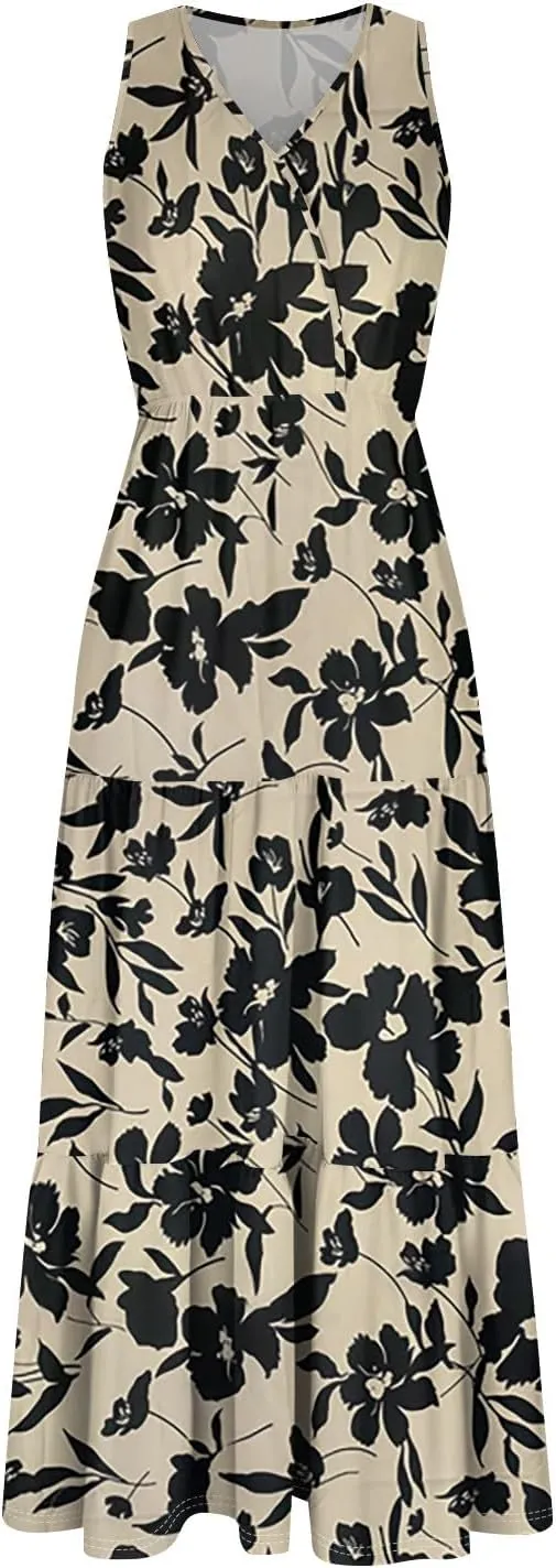 Summer Maxi Dresses for Women 2025 Casual V Neck Sleeveless Floral Long Dress Smocked Beach Wedding Guest Flowy Dresses