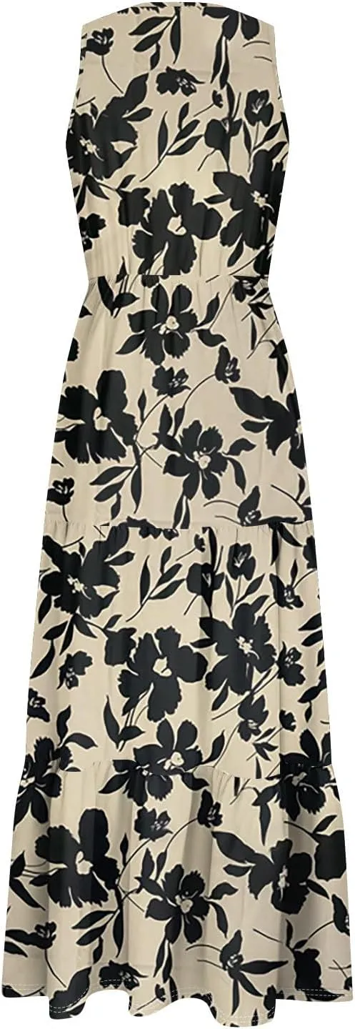 Summer Maxi Dresses for Women 2025 Casual V Neck Sleeveless Floral Long Dress Smocked Beach Wedding Guest Flowy Dresses