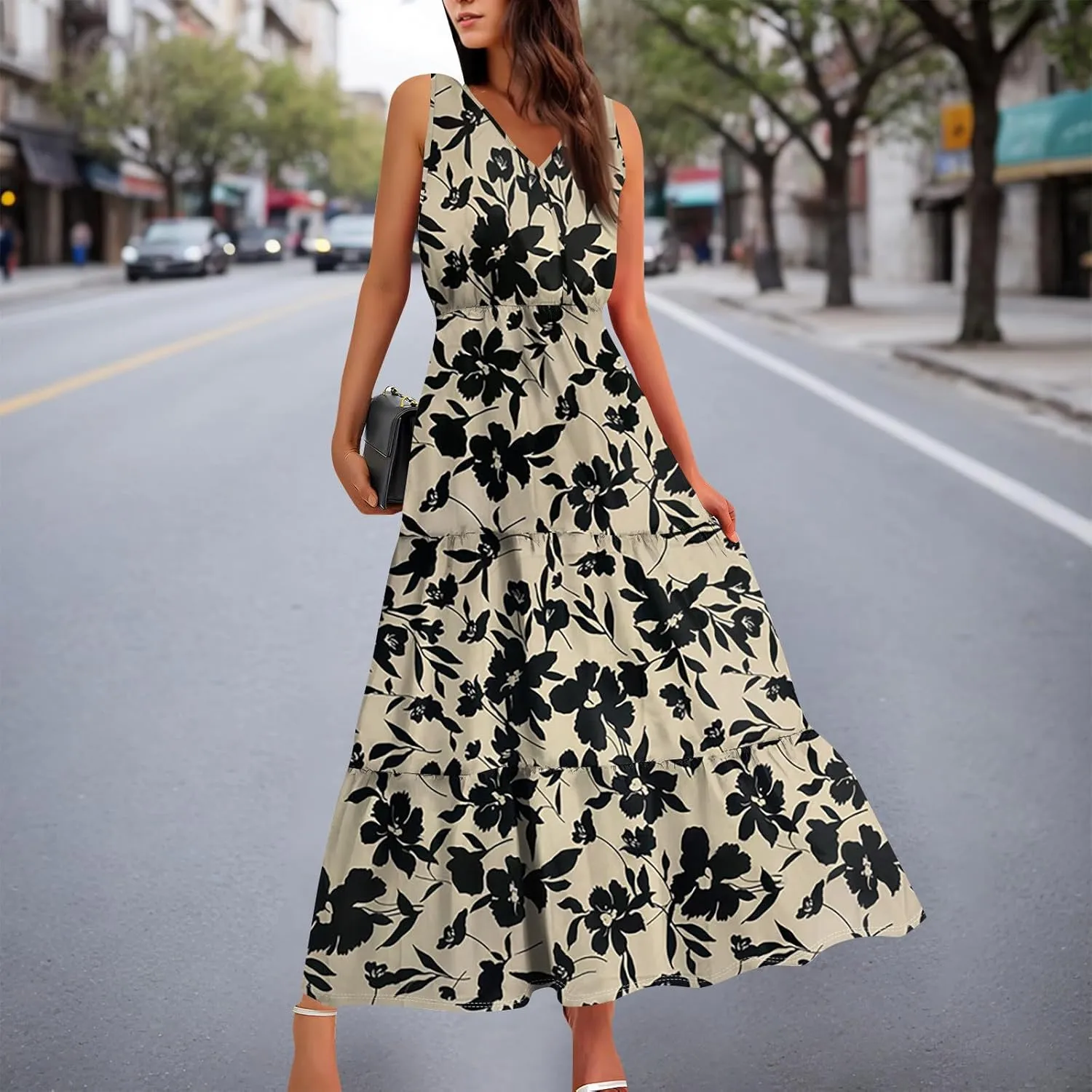 Summer Maxi Dresses for Women 2025 Casual V Neck Sleeveless Floral Long Dress Smocked Beach Wedding Guest Flowy Dresses