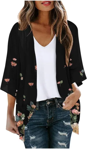 Summer Puff Sleeve Cardigans Womens Fashion Floral Printed Kimono Cardigan Casual Loose Fit lightweight Cover Up Blouse Tops