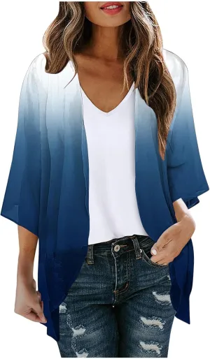 Summer Puff Sleeve Cardigans Womens Fashion Floral Printed Kimono Cardigan Casual Loose Fit lightweight Cover Up Blouse Tops