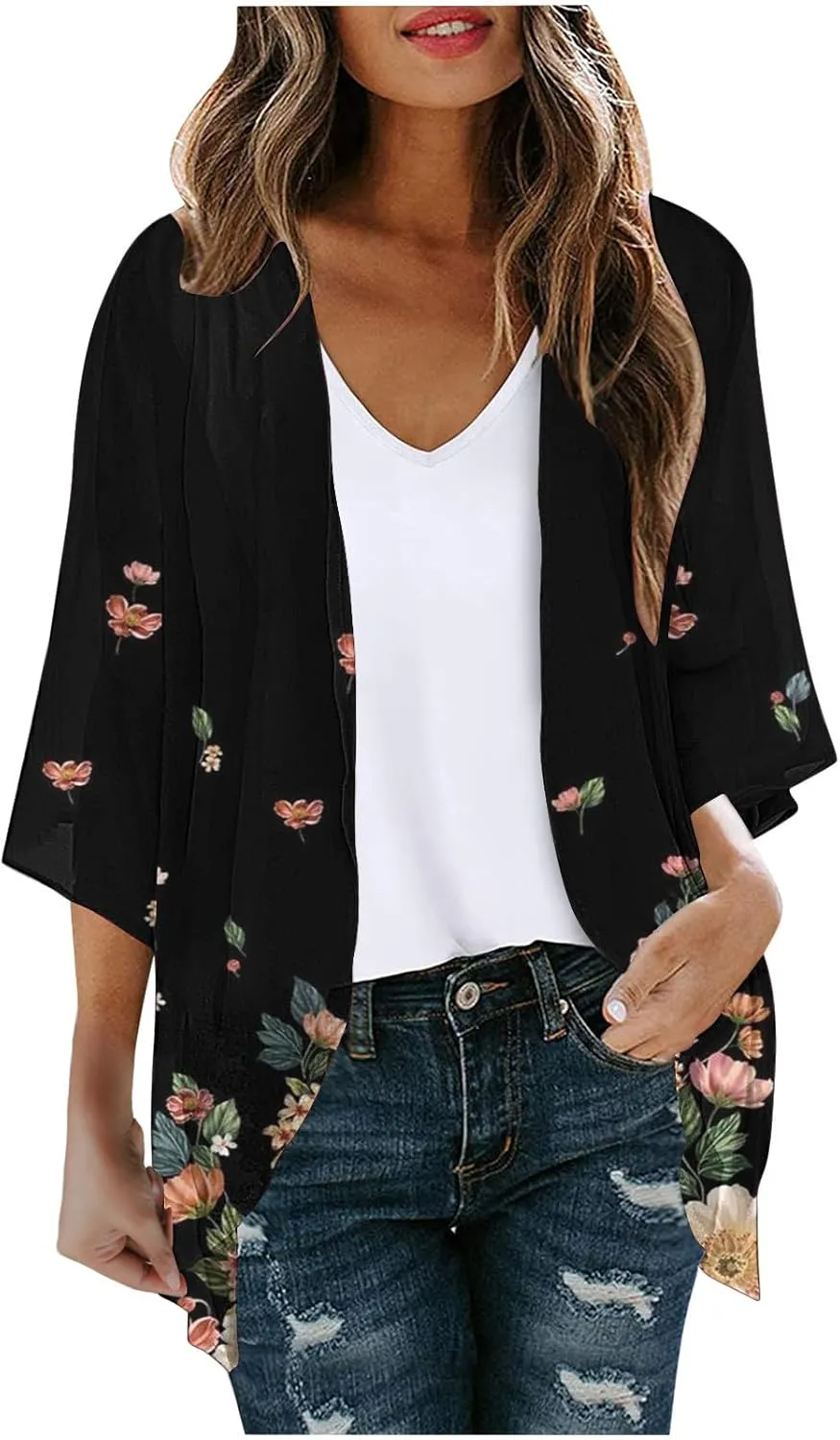 Summer Puff Sleeve Cardigans Womens Fashion Floral Printed Kimono Cardigan Casual Loose Fit lightweight Cover Up Blouse Tops