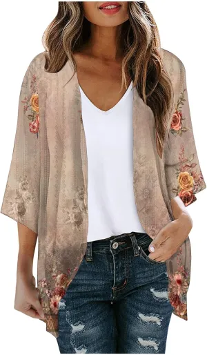 Summer Puff Sleeve Cardigans Womens Fashion Floral Printed Kimono Cardigan Casual Loose Fit lightweight Cover Up Blouse Tops