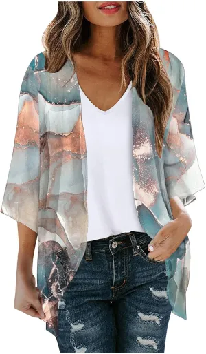 Summer Puff Sleeve Cardigans Womens Fashion Floral Printed Kimono Cardigan Casual Loose Fit lightweight Cover Up Blouse Tops