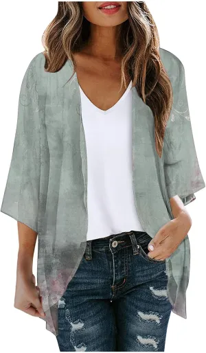 Summer Puff Sleeve Cardigans Womens Fashion Floral Printed Kimono Cardigan Casual Loose Fit lightweight Cover Up Blouse Tops