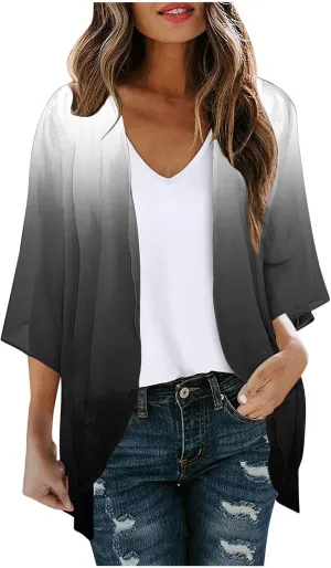 Summer Puff Sleeve Cardigans Womens Fashion Floral Printed Kimono Cardigan Casual Loose Fit lightweight Cover Up Blouse Tops