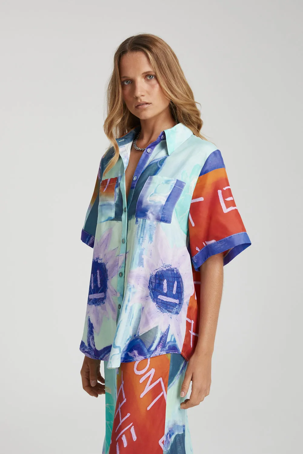 SUMMI SUMMI Womens Button Up Shirt - Blue Sunflower