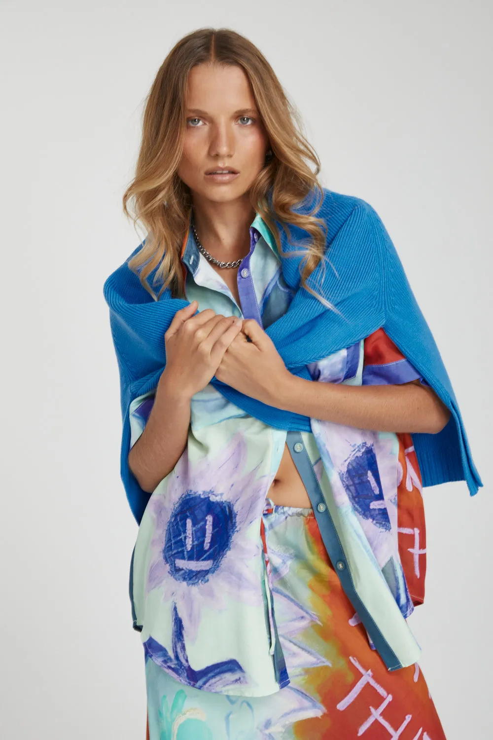 SUMMI SUMMI Womens Button Up Shirt - Blue Sunflower