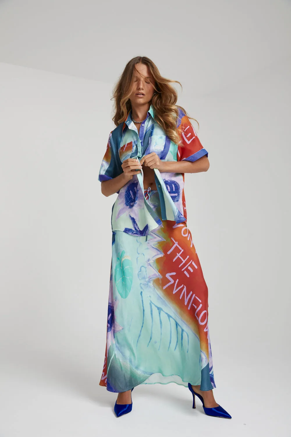 SUMMI SUMMI Womens Button Up Shirt - Blue Sunflower