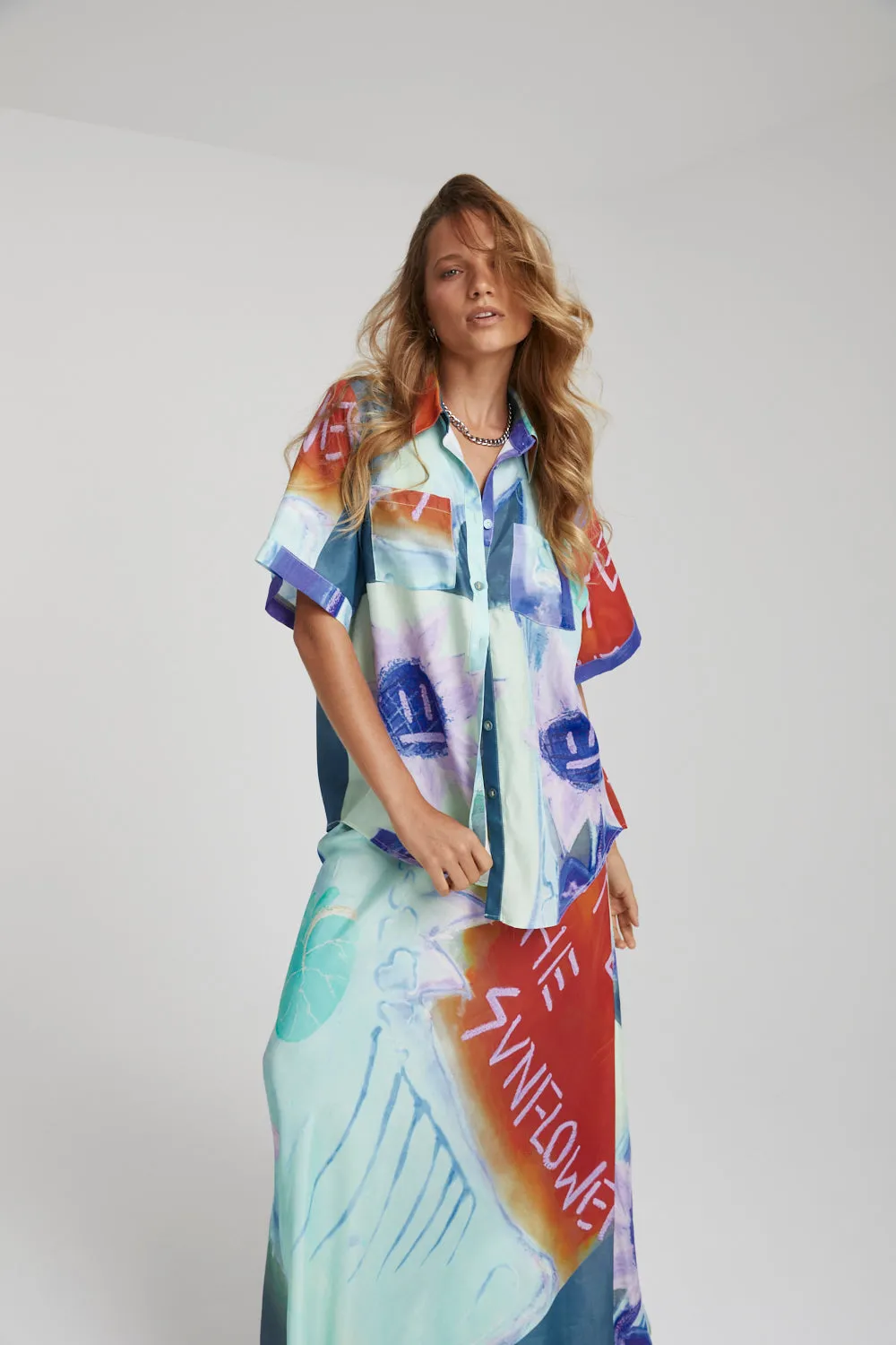 SUMMI SUMMI Womens Button Up Shirt - Blue Sunflower