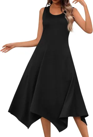 Sun Dresses for Women 2025 Vacation Summer Midi Sleeveless Irregular Hem Dress U-Neck Dresses A Line with Pockets