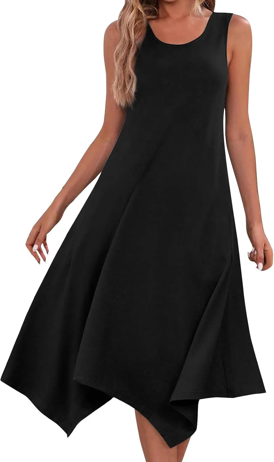 Sun Dresses for Women 2025 Vacation Summer Midi Sleeveless Irregular Hem Dress U-Neck Dresses A Line with Pockets