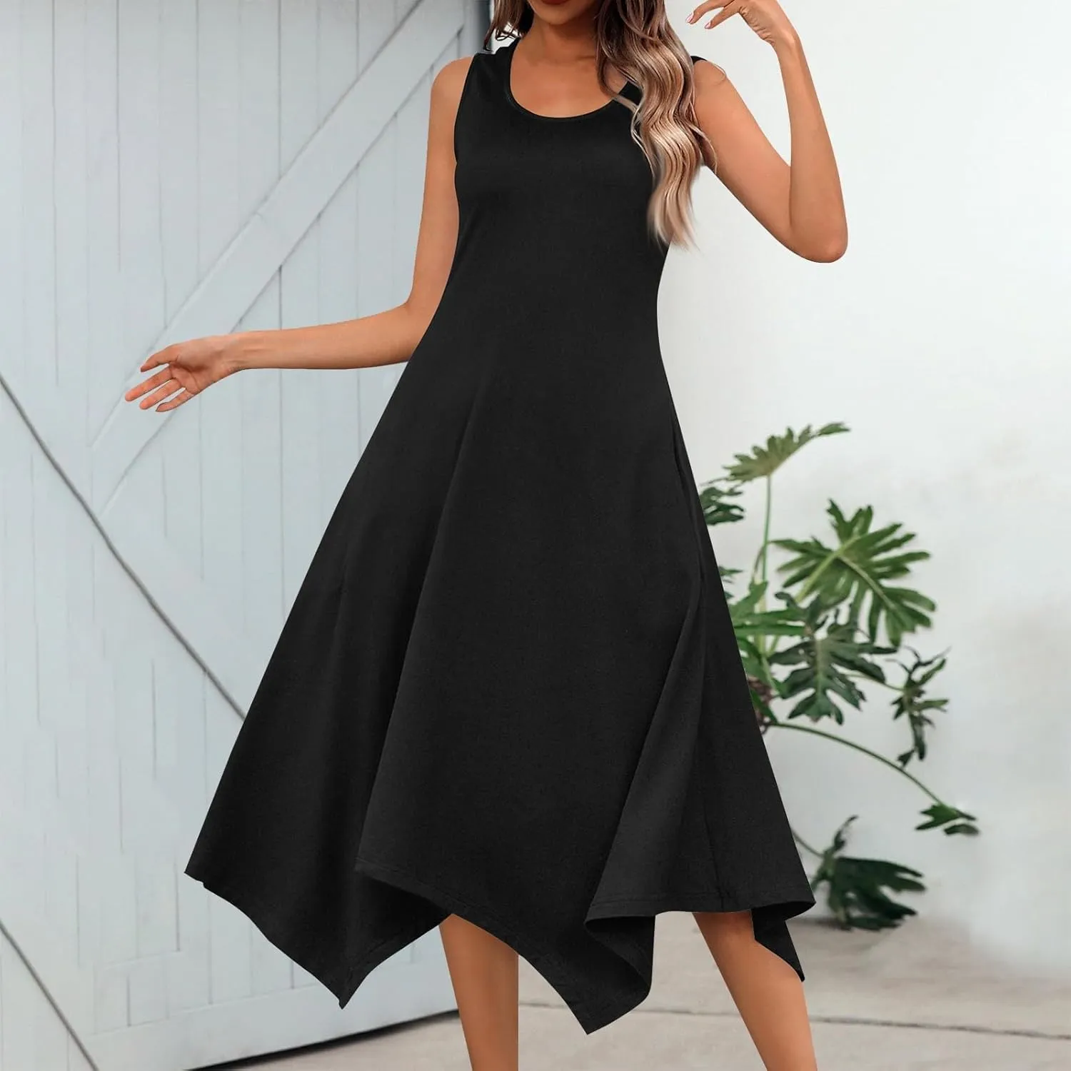 Sun Dresses for Women 2025 Vacation Summer Midi Sleeveless Irregular Hem Dress U-Neck Dresses A Line with Pockets