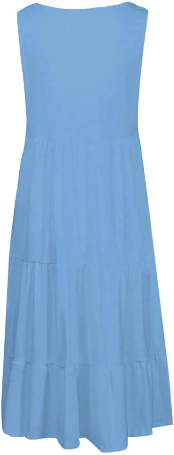 Sundresses for Women 2025 Vacation Summer Beach Dresses Casual Flowy Knee Length Tshirt Dress Sleeveless Ruffle Dress