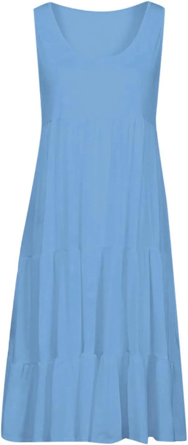 Sundresses for Women 2025 Vacation Summer Beach Dresses Casual Flowy Knee Length Tshirt Dress Sleeveless Ruffle Dress