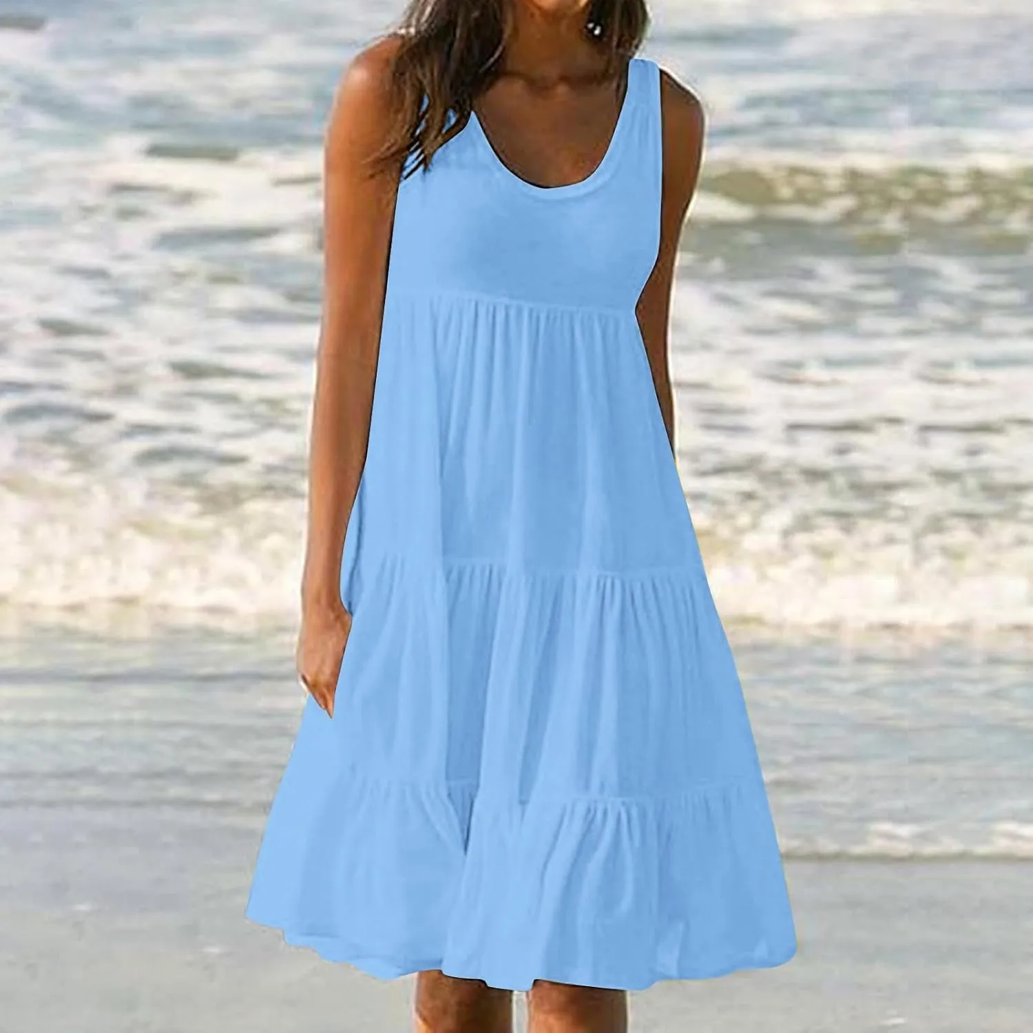 Sundresses for Women 2025 Vacation Summer Beach Dresses Casual Flowy Knee Length Tshirt Dress Sleeveless Ruffle Dress