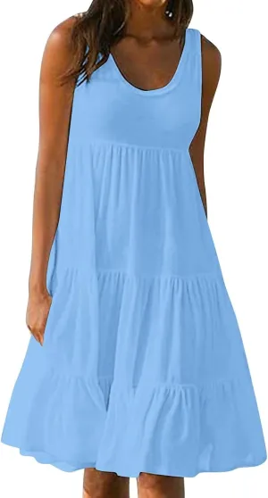 Sundresses for Women 2025 Vacation Summer Beach Dresses Casual Flowy Knee Length Tshirt Dress Sleeveless Ruffle Dress