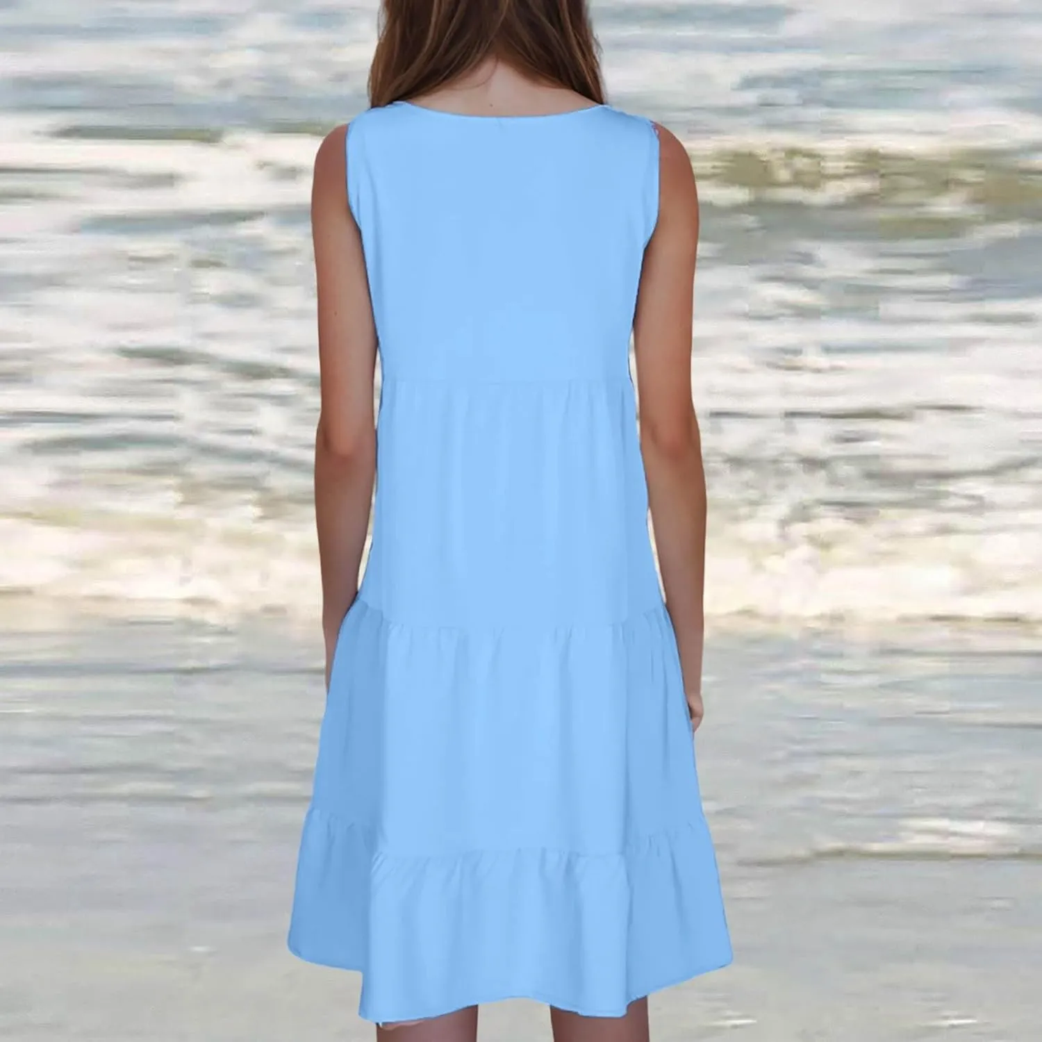 Sundresses for Women 2025 Vacation Summer Beach Dresses Casual Flowy Knee Length Tshirt Dress Sleeveless Ruffle Dress