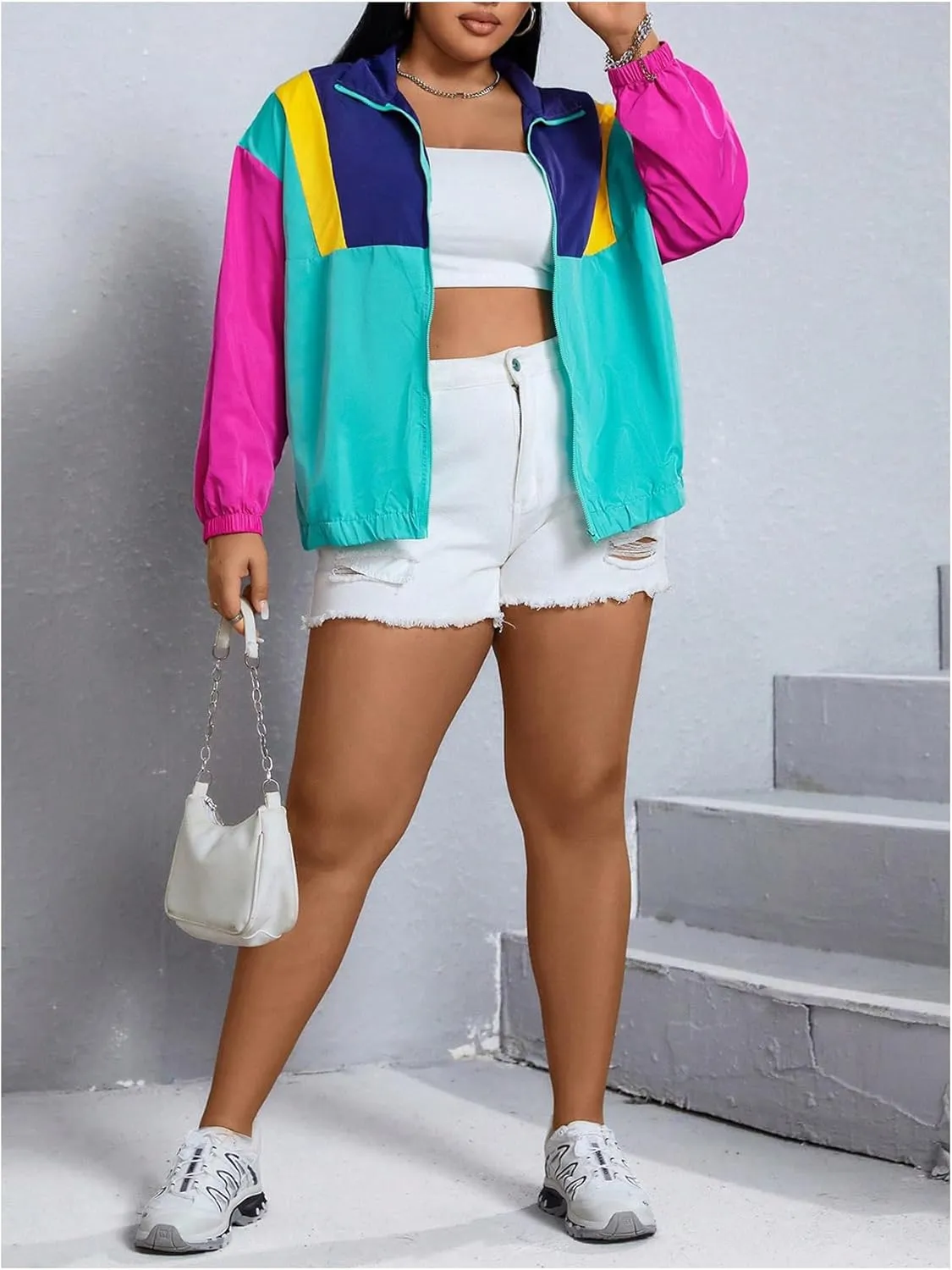 SweatyRocks Women's Plus Size Jackets Lightweight Color Block Collared Windbreaker Jackets
